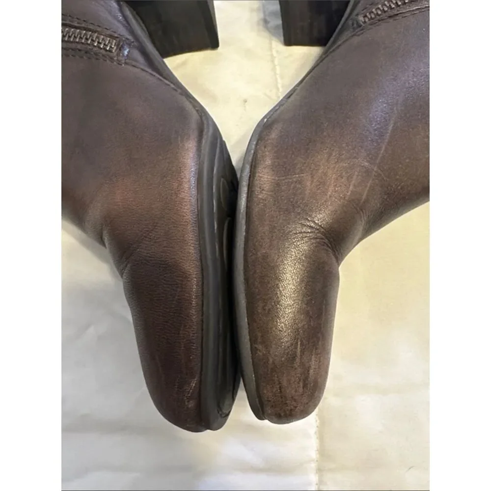 Born Aneto Leather Ankle Booties Womens 7M Block Heel Side Zip Cognac Brown
